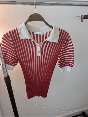 Mango Red & White Striped Polo Top